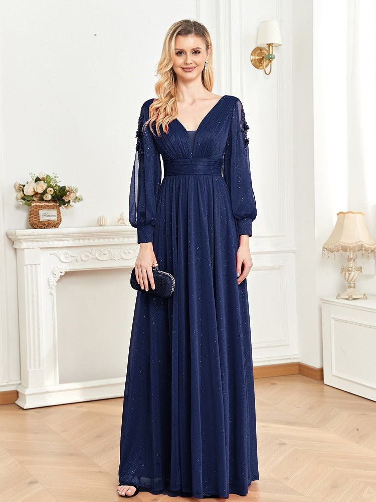 2025 new long-sleeved evening dress women's banquet sexy temperament slit V-neck banquet dress Popularan warehouse supply