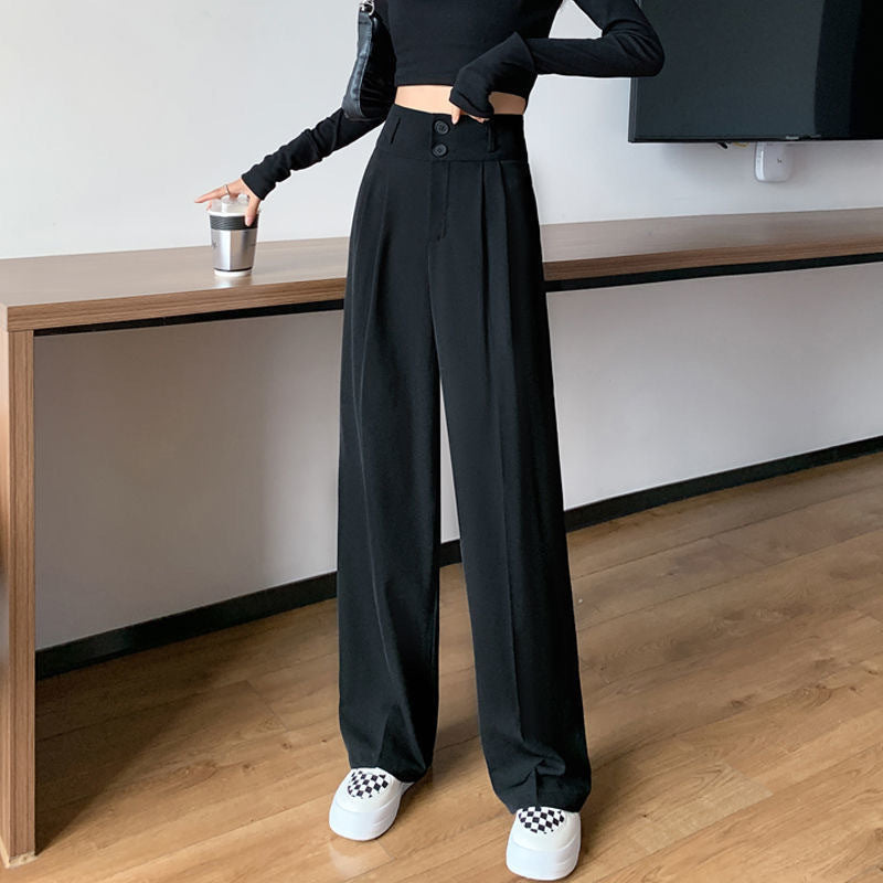 ZllKl Black Loose Slimming Wide-Leg Pants High Waist Straight Drooping Suit Pants Slimming Pants High-Looking Casual Women's Pants