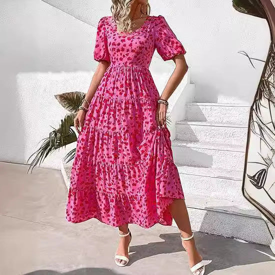 ZllKl European and American Foreign Trade Cross-Border Women's Clothing Bubble Sleeve Pleated Backless Print Layered Short Sleeve Dress