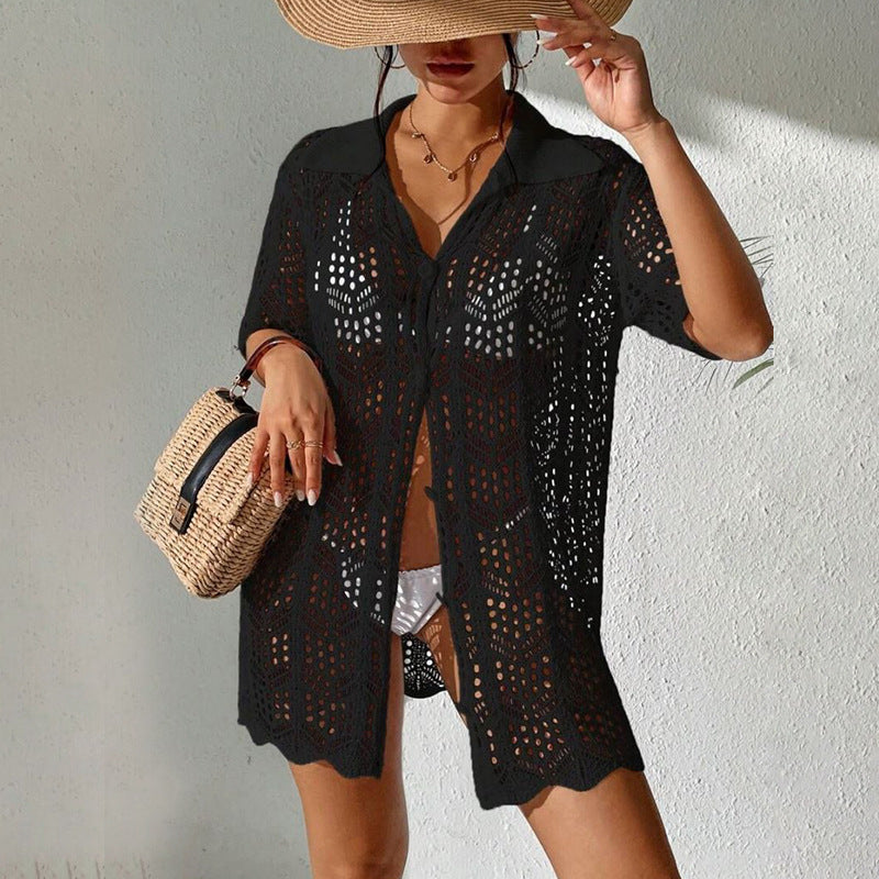 2025 Popular, popular summer new beach skirt women solid color sexy knitted beach bikini swimsuit blouse sunscreen clothing