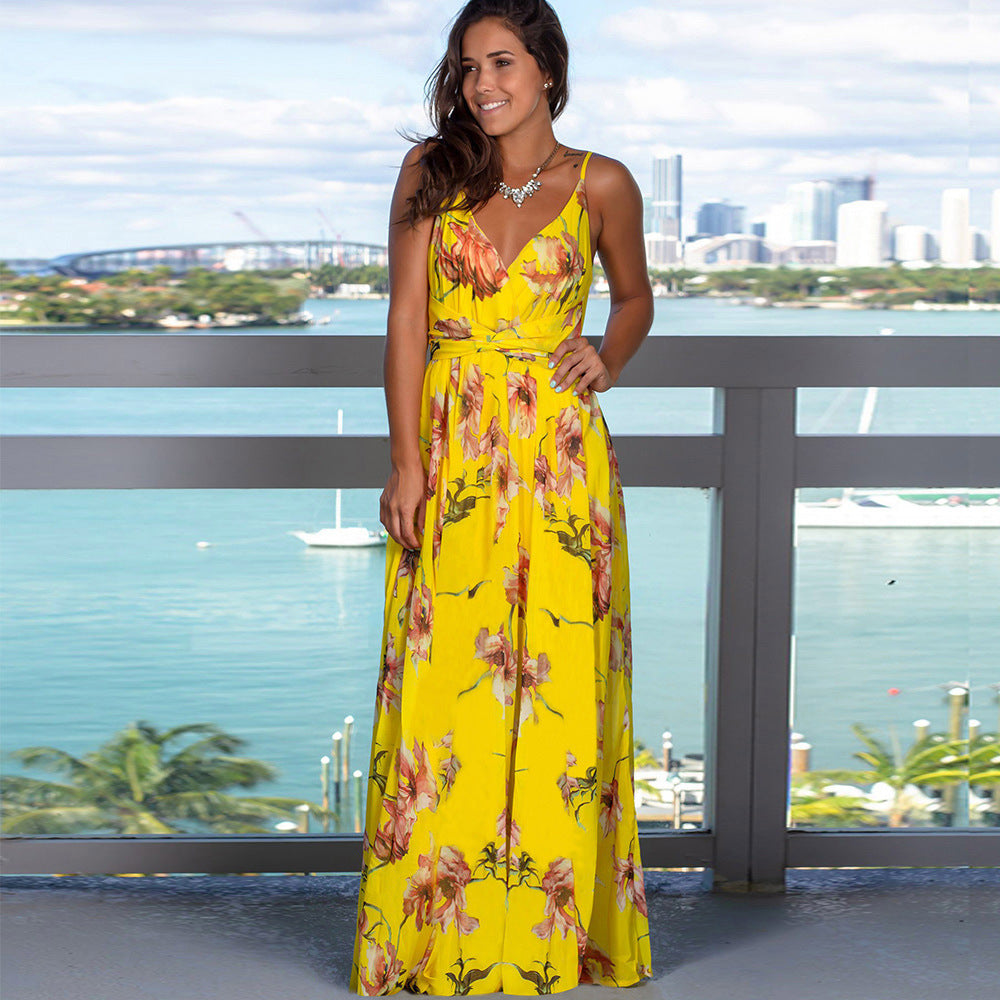 ZllKl Dress Summer New Women's Long Dress Cross Border Hot Suspender Skirt Printed Beach Long Dress