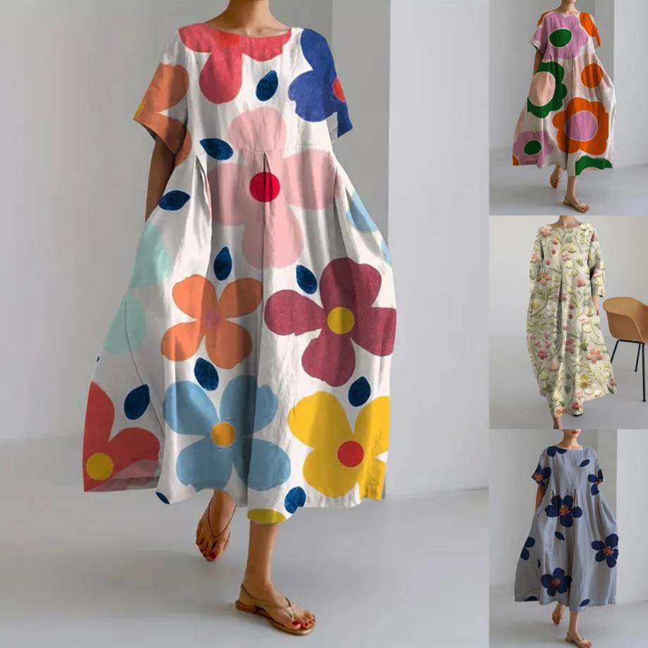 ZllKl Cross-Border Summer New European and American Women's Clothing Loose round Neck Fashion Advanced Short Sleeve Printing Dress