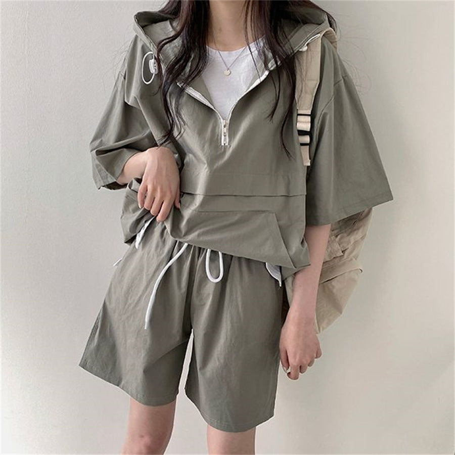 ZLLKL 2025 Korean version of solid color fashion casual short-sleeved suit women's summer new fashion loose hooded sportswear versatile