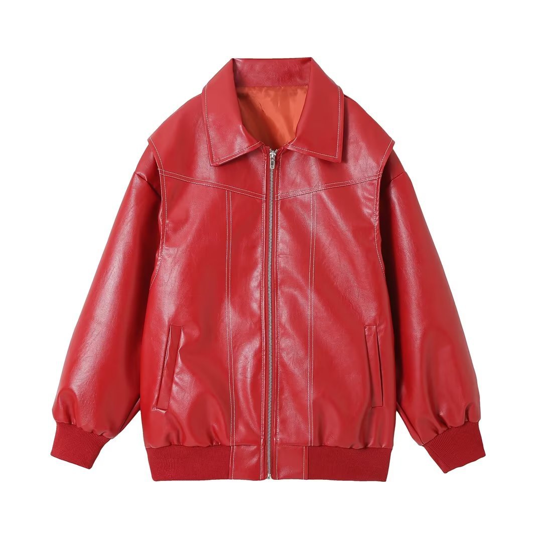 European and American cross-border women's clothing 2023 autumn and winter new PU leather couple loose American casual retro ruffian handsome locomotive leather jacket