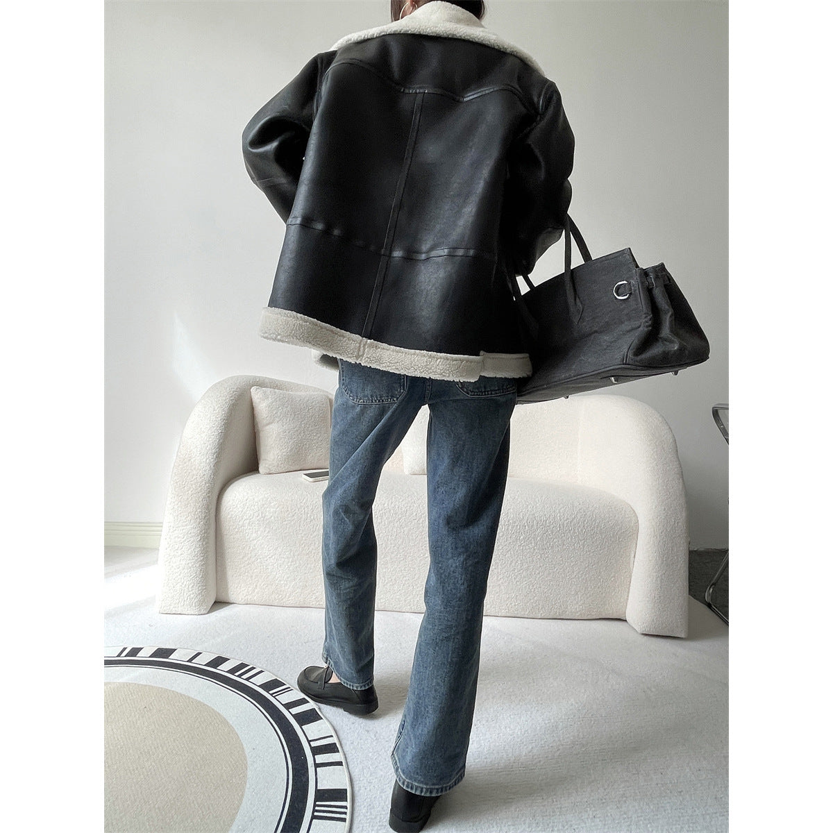 Mengzixi, Yang Mi, Liu Yun, the same motorcycle suit, lamb wool fleece leather jacket, women's autumn and winter jacket X1683