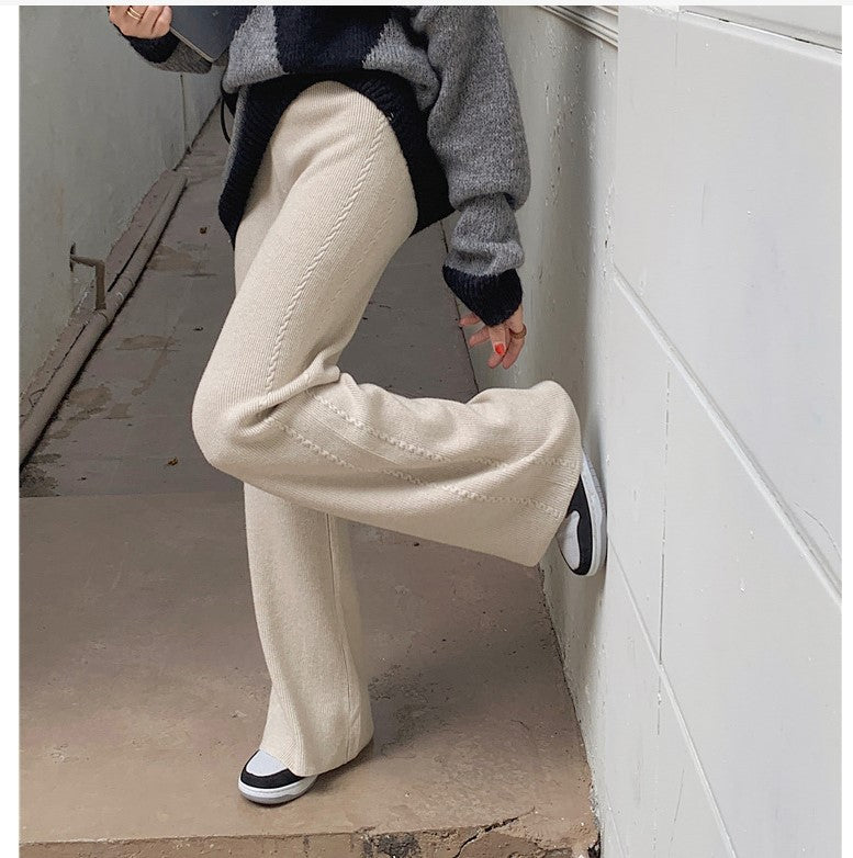 ZllKl Women's Twist-Covering Knitted Wide-Leg Pants Autumn and Winter High Waist Drooping Wool Mop Pants Lengthened Outer Wear Casual Straight Pants