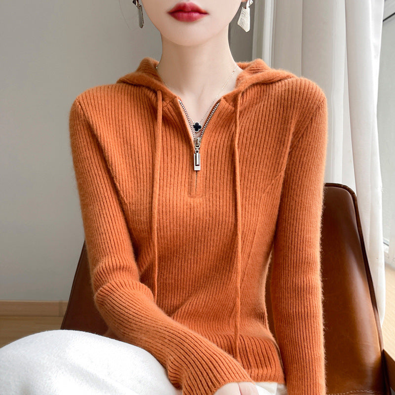 Half-zipper drawstring slim cashmere sweater women's pullover sweater autumn and winter solid color hooded wool knitted slim base