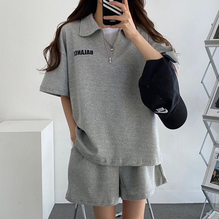 ZllKl Wholesale 4 colors, high-end cotton zipper set two-piece set women's short-sleeved shorts sportswear solid color loose summer fashion