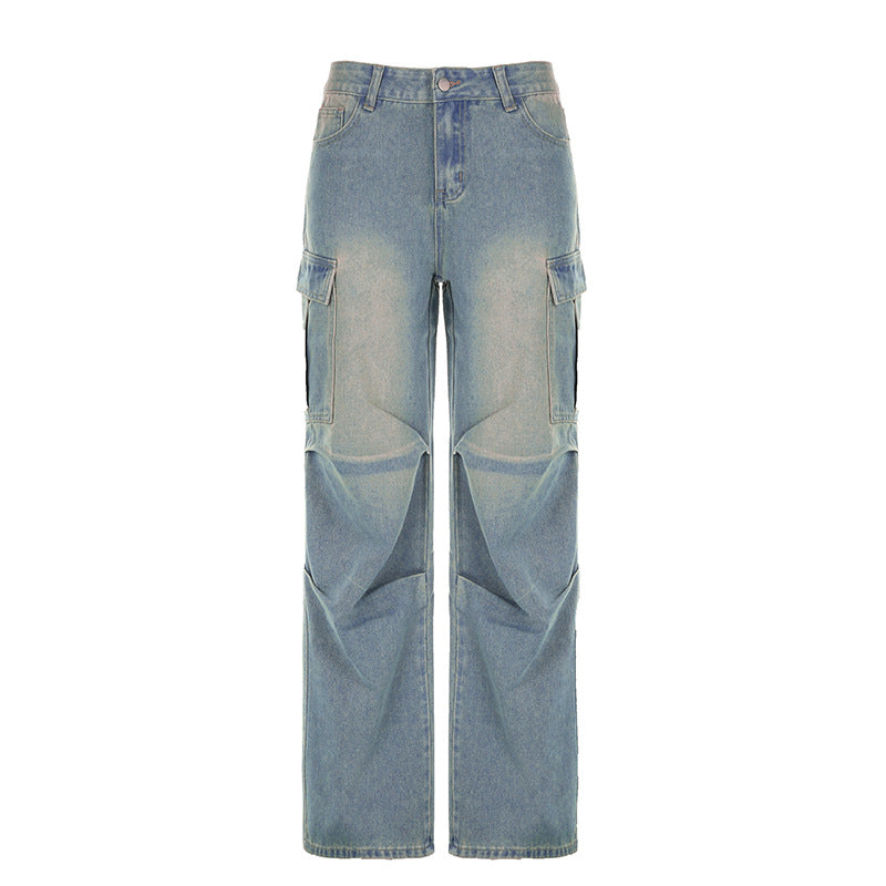 2025 Street Washed White Side Multi-Pocket Wide-Leg Jeans Women's Low Waist Loose Slimming Pleated Trousers Spring