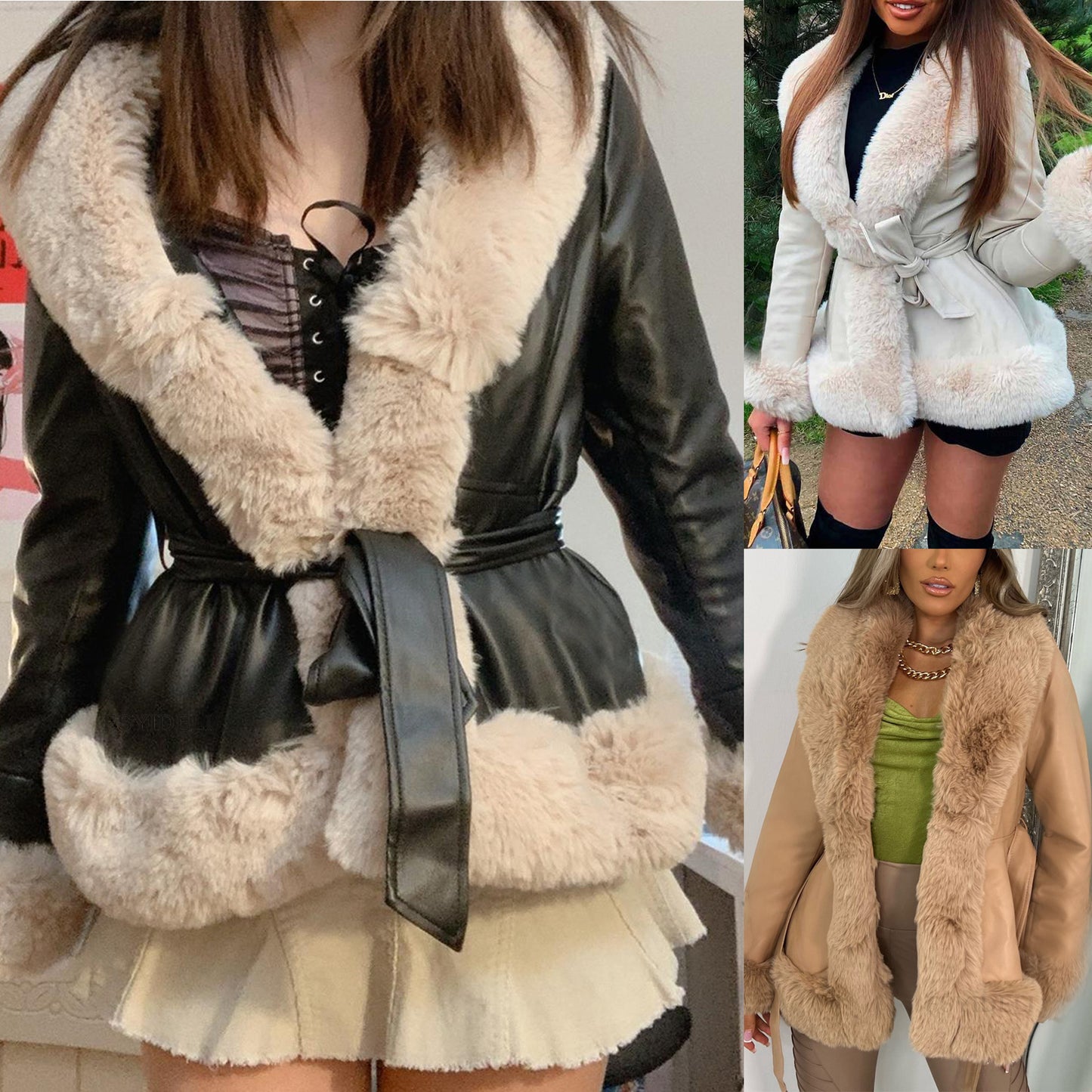 European and American foreign trade autumn and winter big fur collar jacket PU leather splicing lace-up waist slim leather jacket women SU3126
