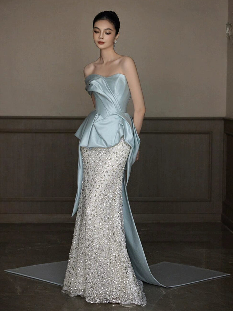 Blue heavy industry evening dress 2025 new temperament tube top sequins high-end fishtail engagement banquet bridal toast dress