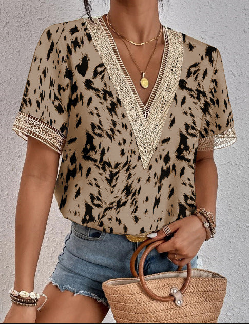ZllKl Cross-Border EBay Women's Clothing V-neck Lace Loose Top Temperament Commute Short Sleeve Digital Printed T-shirt