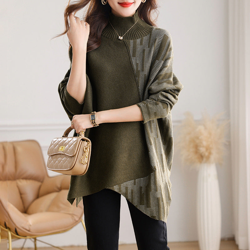 Irregular color matching sweater autumn and winter European top winter new large size women's turtleneck knitted bottoming shirt