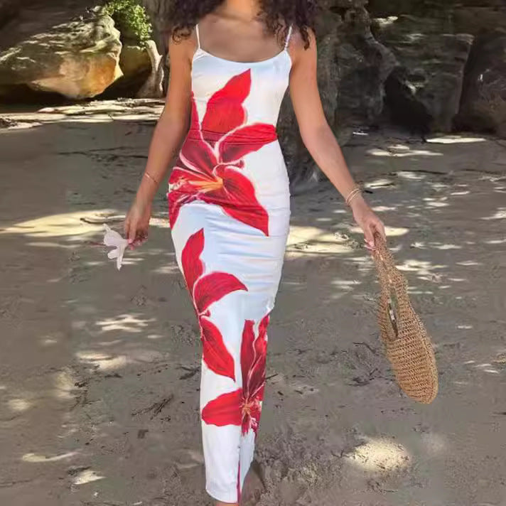 European and American Summer 2025 New Slim Fit Sexy Slit Hip Skirt Flower Print Dacron Camisole Dress