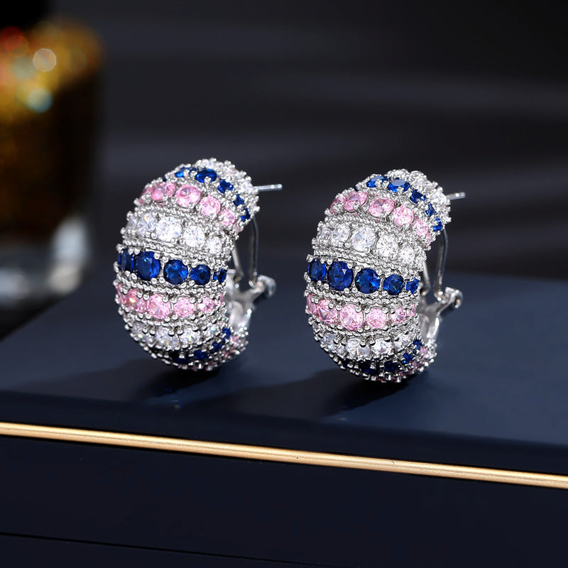 2025 S925 silver needle retro court style earrings zircon inlay design sense semicircular C ring buckle anti-lost stud earrings
