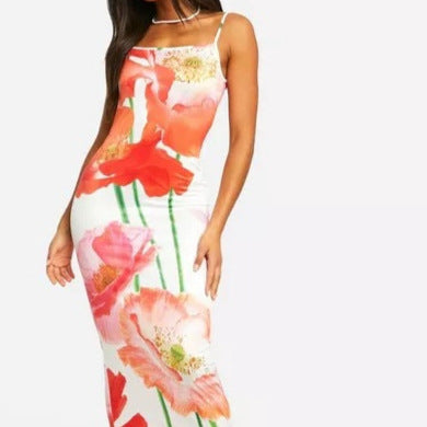European and American Summer 2025 New Slim Fit Sexy Slit Hip Skirt Flower Print Dacron Camisole Dress