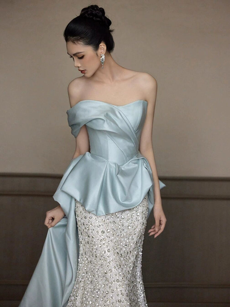 Blue heavy industry evening dress 2025 new temperament tube top sequins high-end fishtail engagement banquet bridal toast dress
