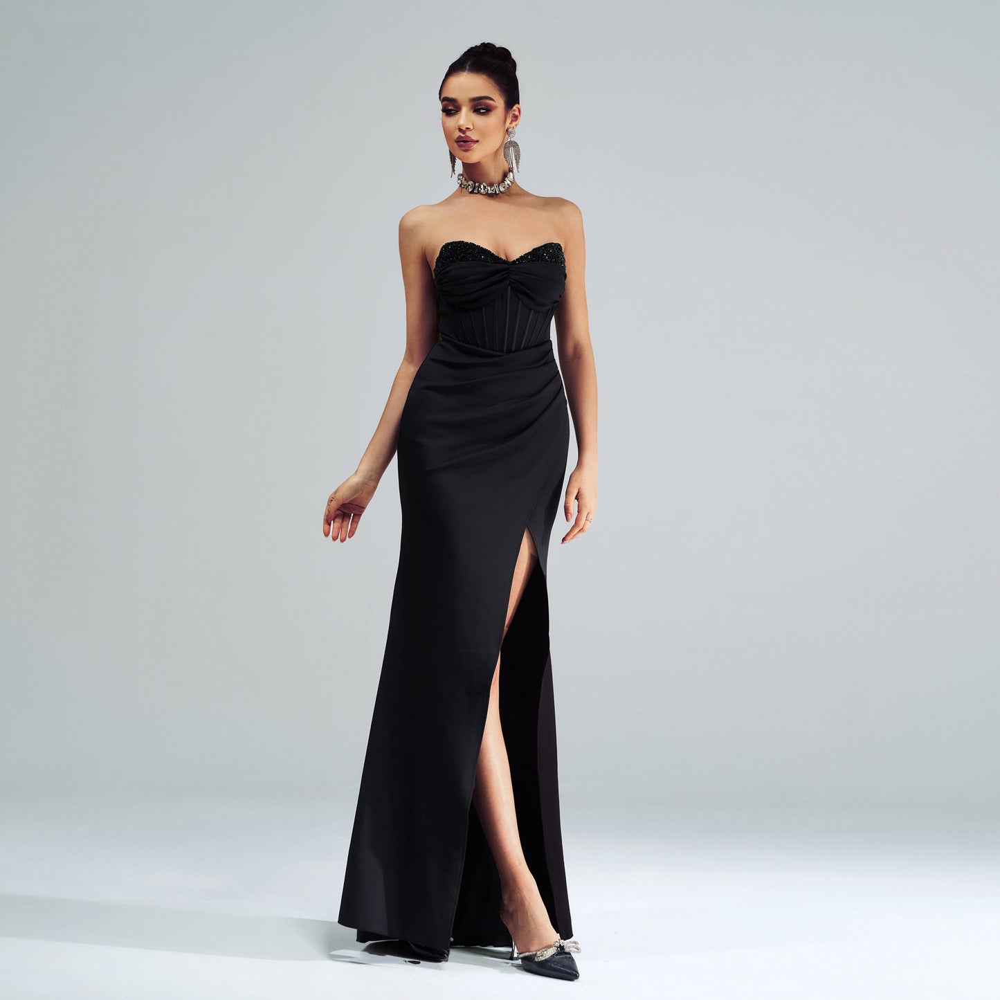 r 2025 women's clothing new high-end one-word collar chest-wrapped hip-wrapped split banquet evening dress bridesmaid dress