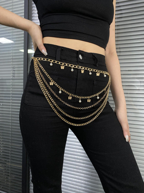 MW3545 2025 waist chain butterfly pearl pendant mixed multi-layer metal personalized waist chain body chain