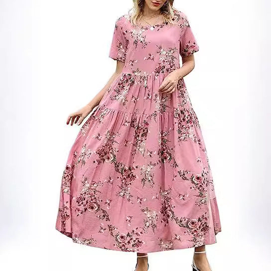 ZllKl Summer Beach Midi Dress Comfortable Pleated Dress Casual Loose Floral Dress