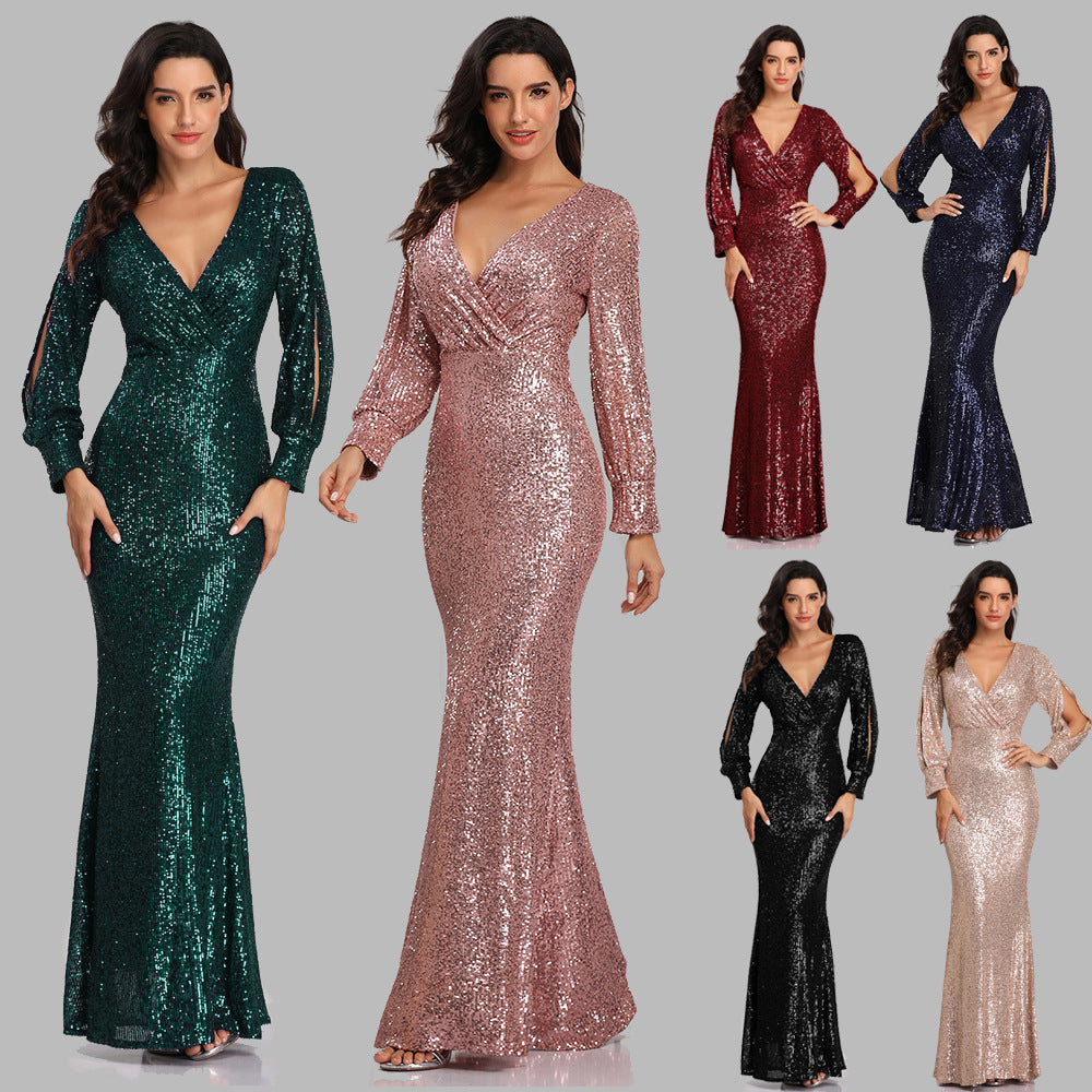 2025 24 New Popular trade dress multi-color large-size long-sleeved V-neck slim-fitting sequined fishtail evening dress women's ball party