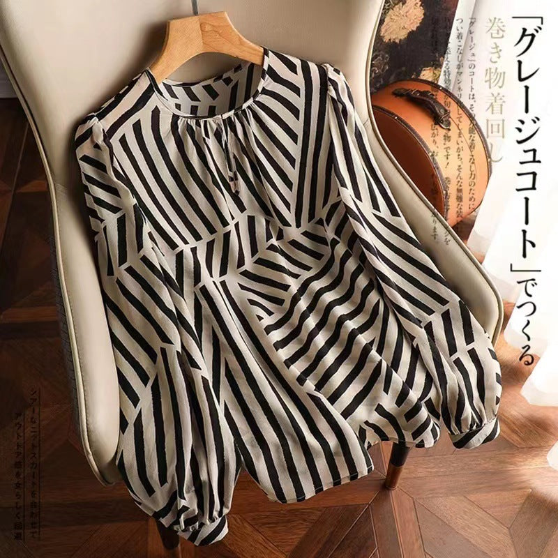 Silk shirt women's spring and summer new double crepe printing round neck pullover commuter printing 100% mulberry silk top