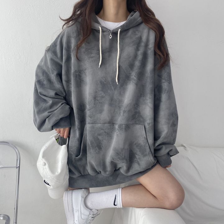 ZLLKL 2025 Cotton sweater women's hooded new women's clothing loose autumn and winter thickened velvet thin large size top tie-dye