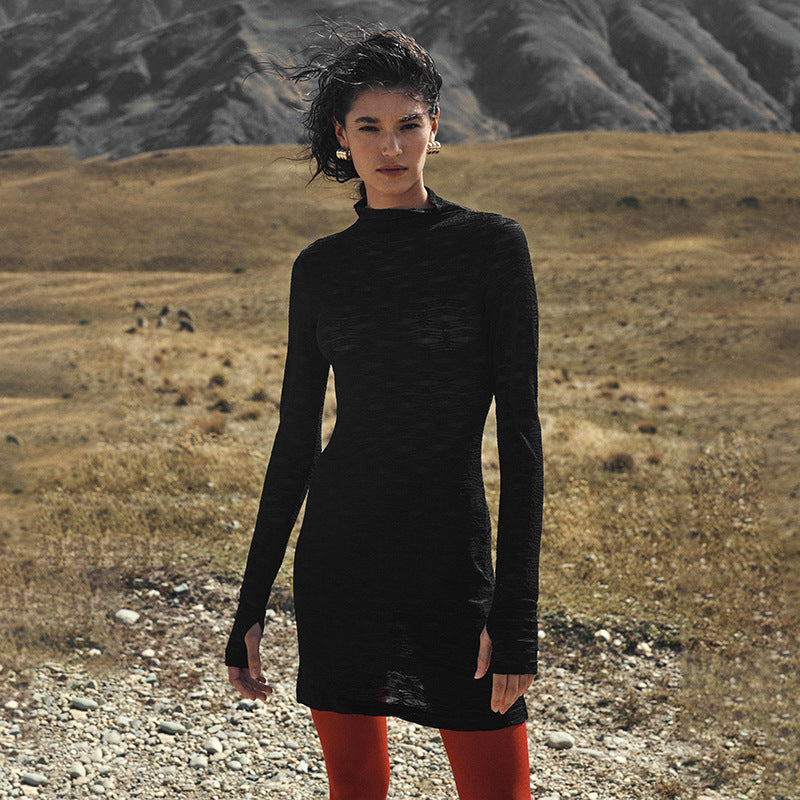 2025 F24DS147 New women's clothing autumn new simple casual solid color round neck long-sleeved lace short dress