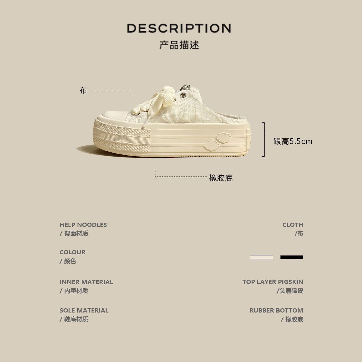 ZllKl Thick Bottom Toe Cap Half Slippers Women's Outdoor Wear Summer New Korean Style Fashionable All-Matching Casual Lace up Canvas Shoes