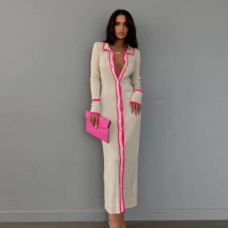 2025 New new products slim lapel splicing women's long-sleeved cardigan dress