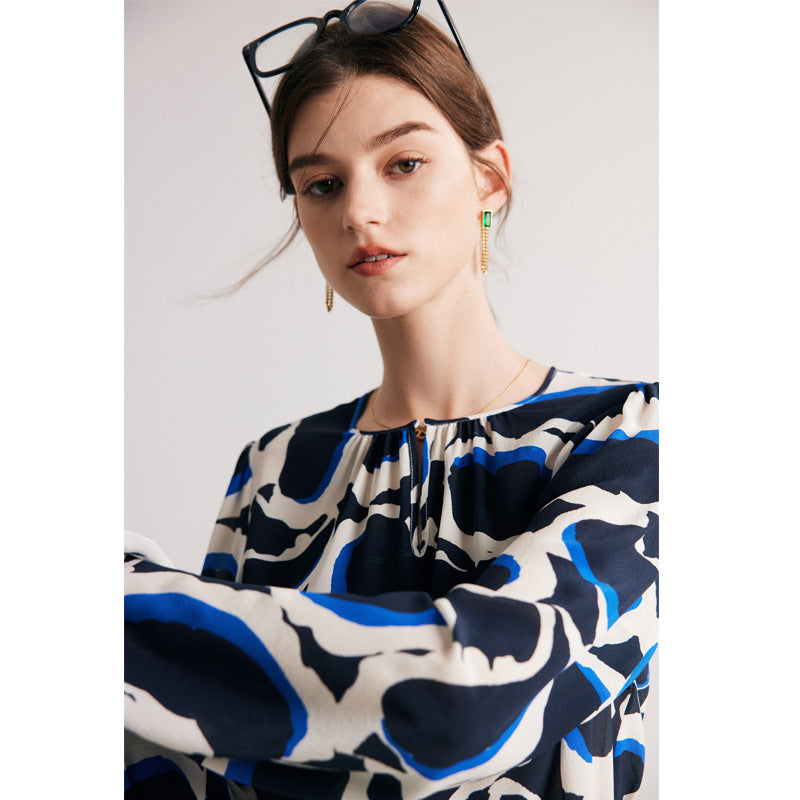 Silk shirt women's spring and summer new double crepe printing round neck pullover commuter printing 100% mulberry silk top