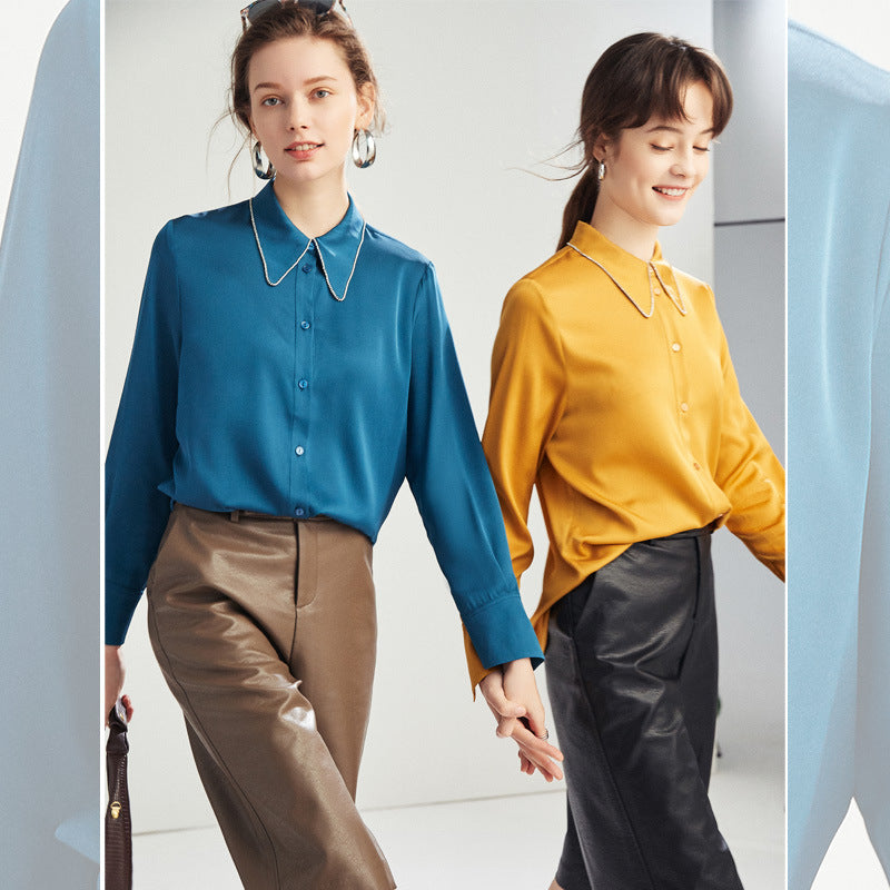 Silk shirt women's mulberry silk shirt summer summer new commuter long-sleeved square collar design niche top