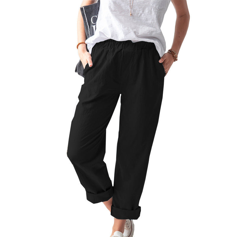 ZllKl New European and American Women's Clothing Cotton and Linen Trousers Wish Solid Color Casual Elastic High Waist Straight-Leg Pants Women