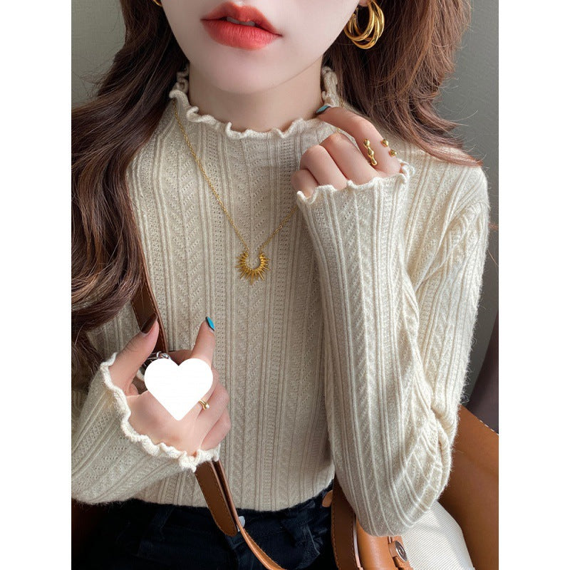 White bottoming shirt women's autumn and winter wear 2025 new semi-turtleneck fungus edge knitted sweater medium neck long-sleeved sweater
