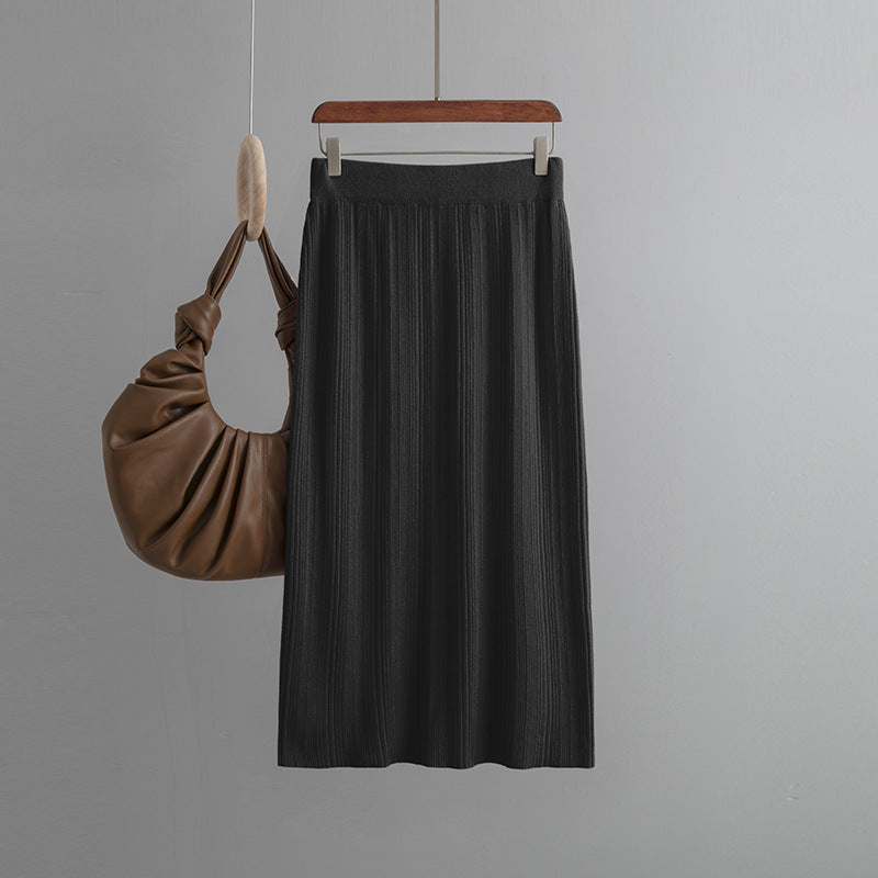 ZllKl Rear split knitted pit strip skirt solid color elastic waist elastic hip wrap temperament thin wool skirt autumn new