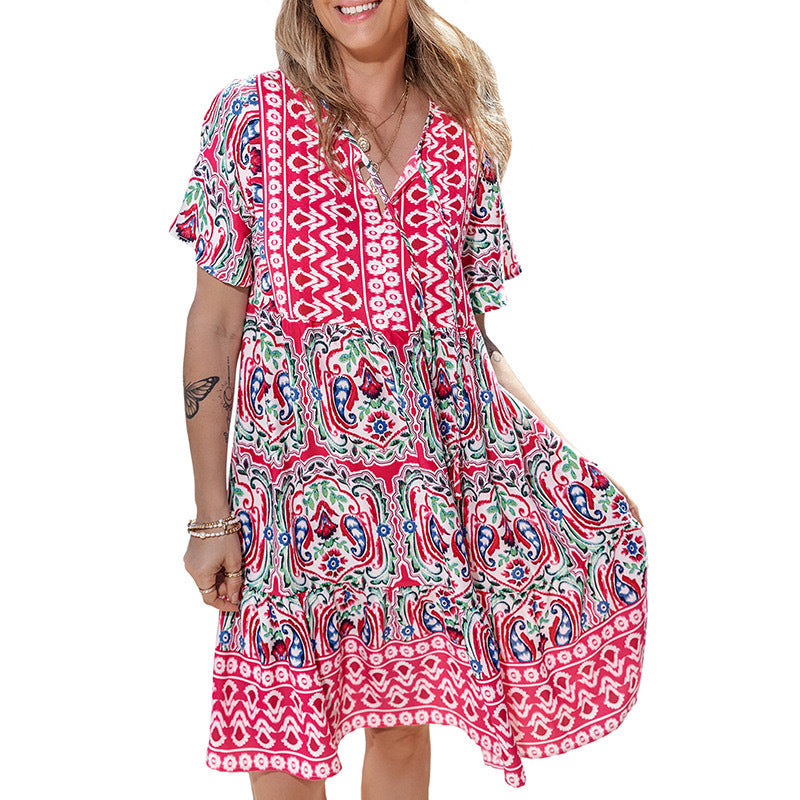 Zllk European and American Cross-Border Summer New V-neck Dress Fashion Loose Bohemian Printed Short Skirt