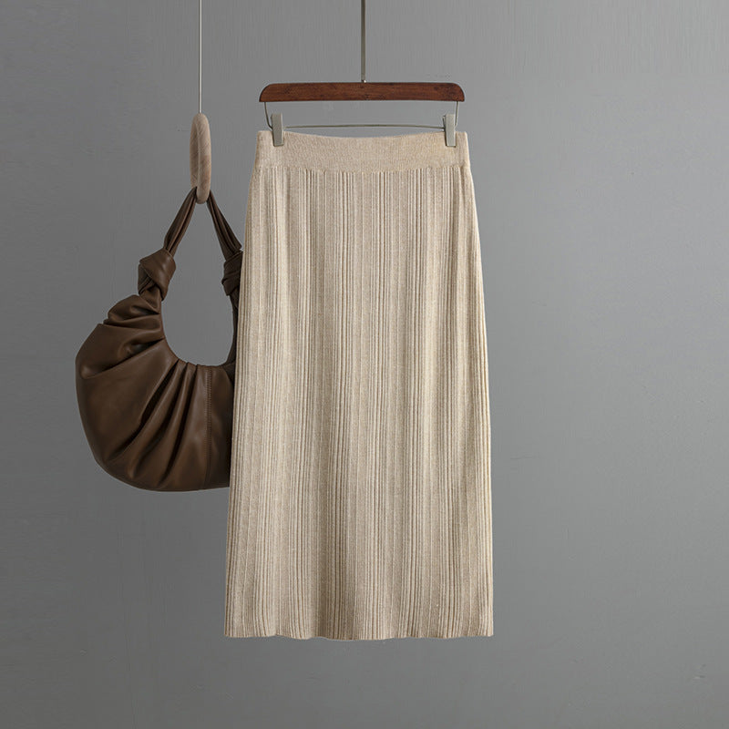 ZllKl Rear split knitted pit strip skirt solid color elastic waist elastic hip wrap temperament thin wool skirt autumn new