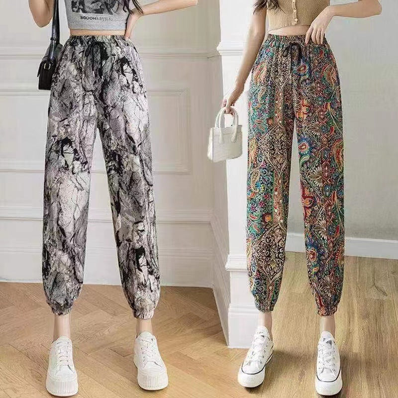 ZllKl Ice Silk Plaid Casual Pants Women's Summer Thin Cool Women's Lantern Pants Large Cropped Casual Harem Tappered Pants
