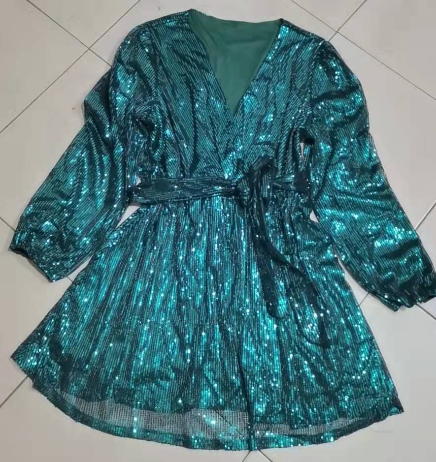 Zllk Europe and America Cross Border Women's Clothing Hot Fall Slim Fit Lantern Sleeve round Neck Belt Sequins Dress Women
