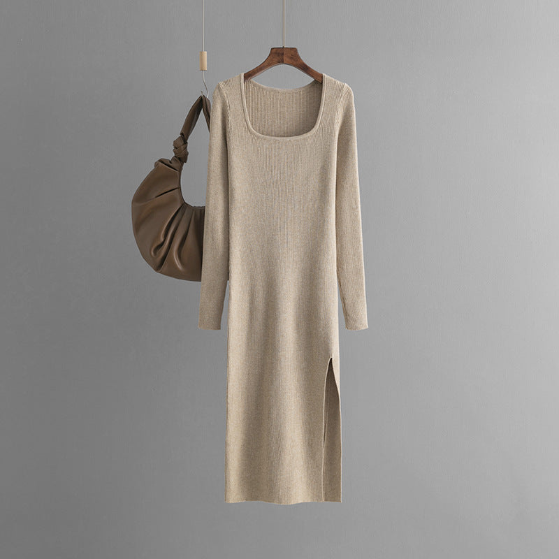 ZllKl New new autumn and winter solid color dress women's long dress slim temperament thin knitted backing sweater skirt