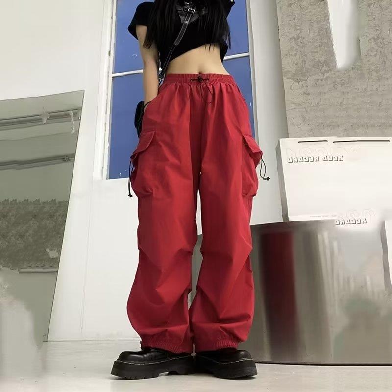 ZllKl Nylon Quick-Drying Overalls Women's Summer New American Parachute Pants High Waist Wide Leg Leisure Drawstring Sports Pants