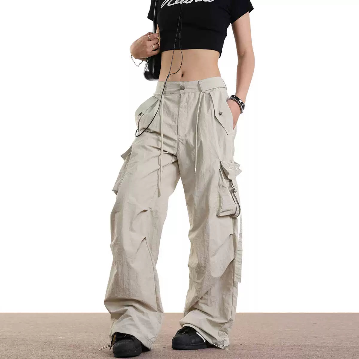 0123Start n high street streamer drawstring wide-leg legged overalls men's and women's summer loose paratrooper pants
