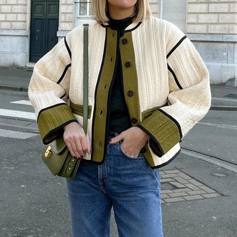 Cross-border 2023 autumn and winter retro printed cotton jacket European and American temperament commuter round neck long sleeve color matching women's cotton-padded clothes