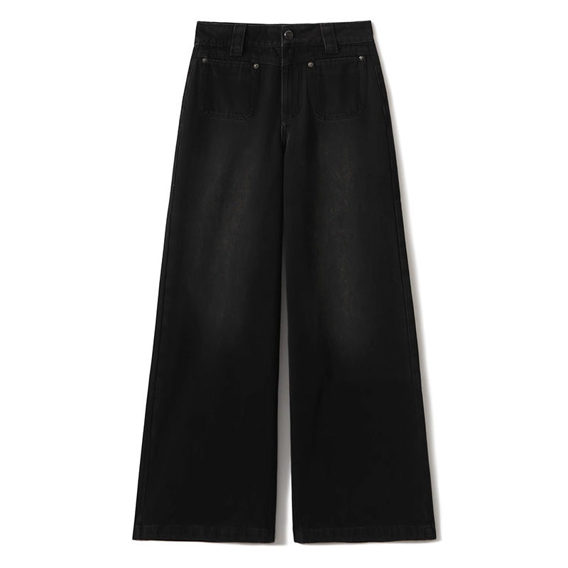 2025 Cotton retro wide-leg casual jeans, black loose high-waisted trousers spring and autumn new women's pants