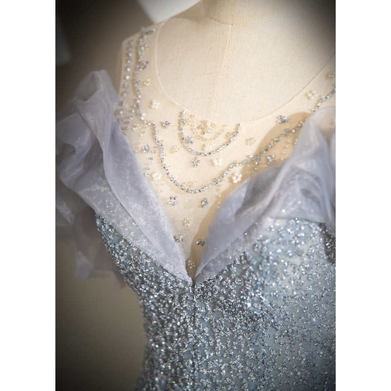 2025 Grey evening dress skirt 2025 new one-word shoulder high-end light yarn vocal art test light luxury dress manufacturer