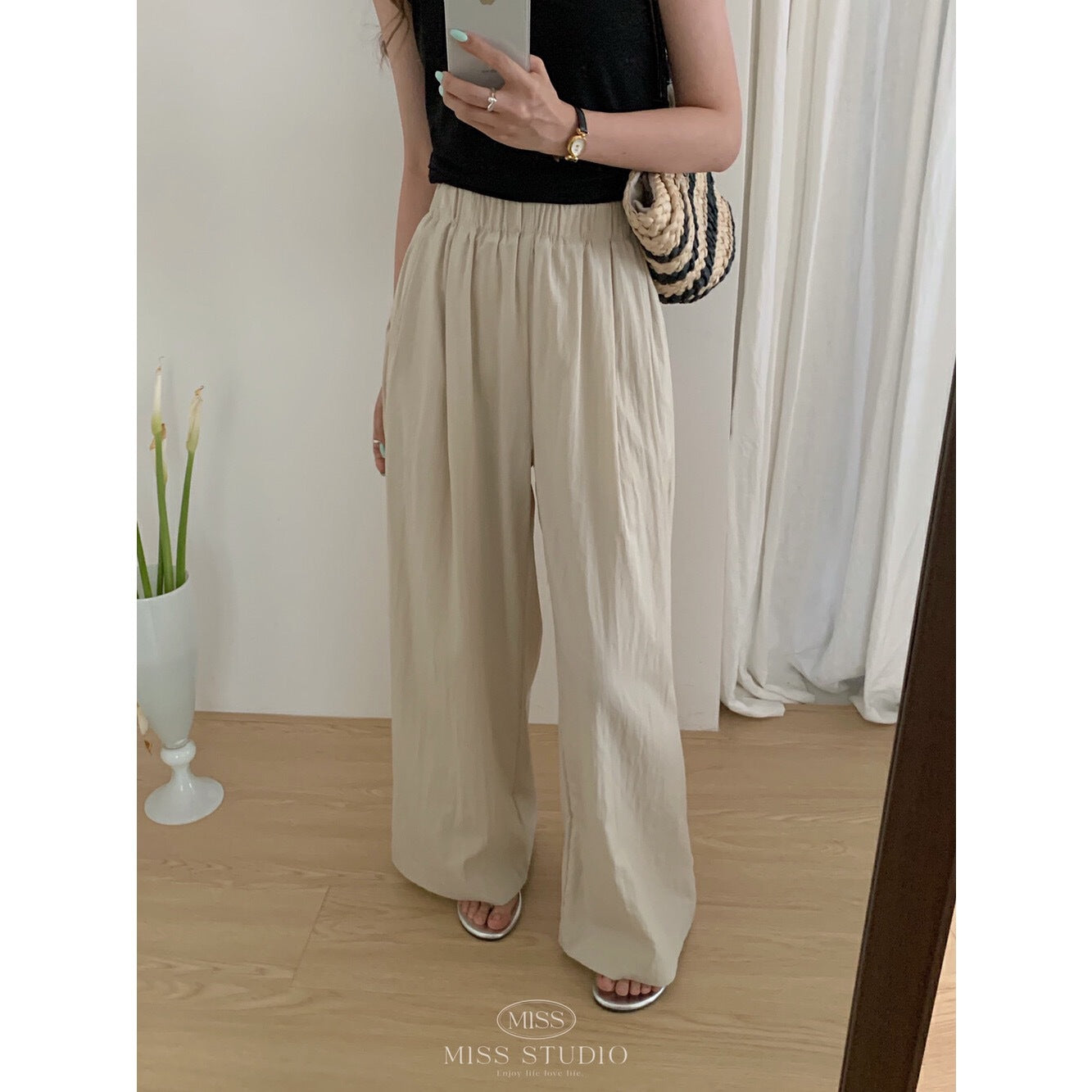 ZllKl Miss Studio Summer Korean Style Casual Elastic Waist Ruffle Comfortable Casual Pants Women's Wear W3337