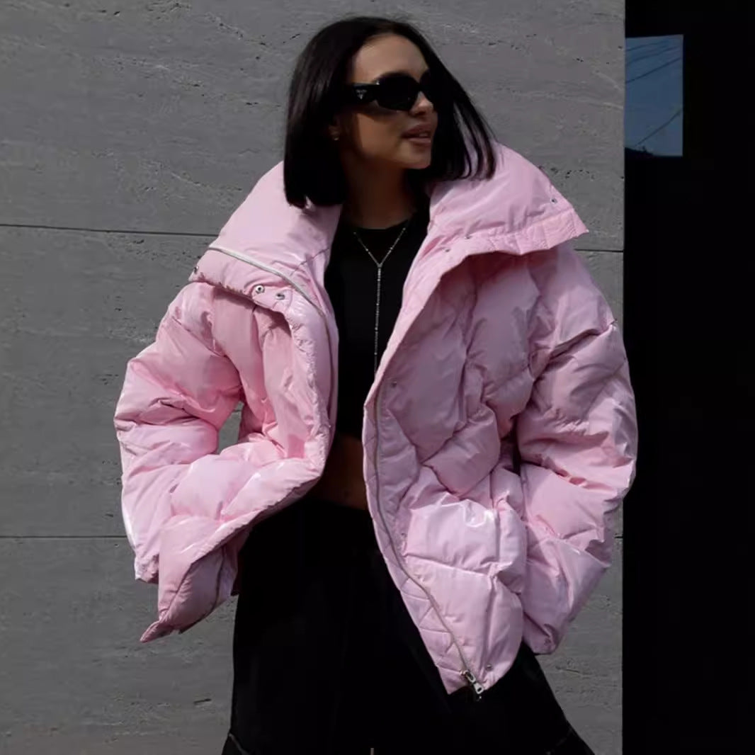 Cross-border rhombus cotton clothes European and American women's clothing autumn and winter new loose coat matte glossy lapel cotton-padded casual jacket