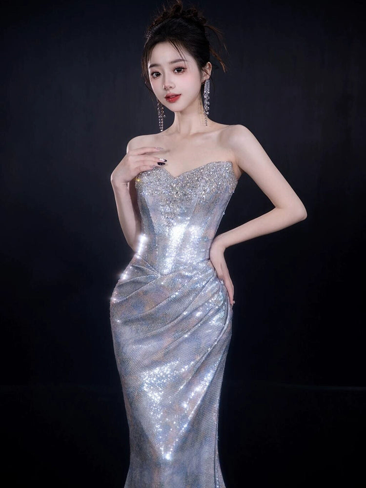 High-end sequined evening dress heavy industry tube top bride engagement fishtail temperament light luxury socialite banquet dress