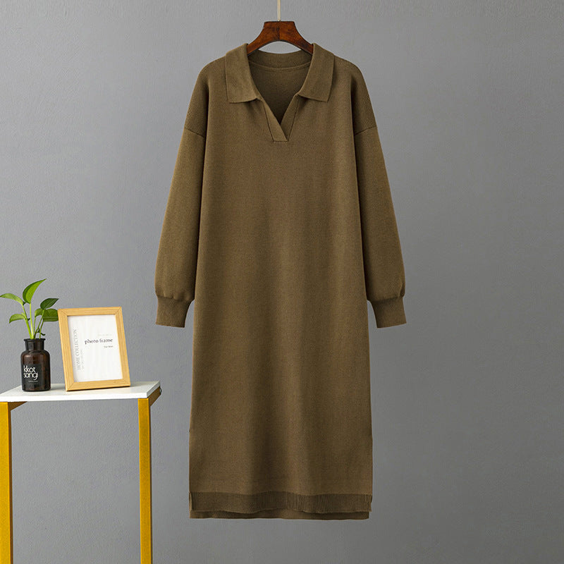 ZllKl 23 autumn and winter new 2025 Polo collar bottoming knitted long dress loose large size solid color women's dress