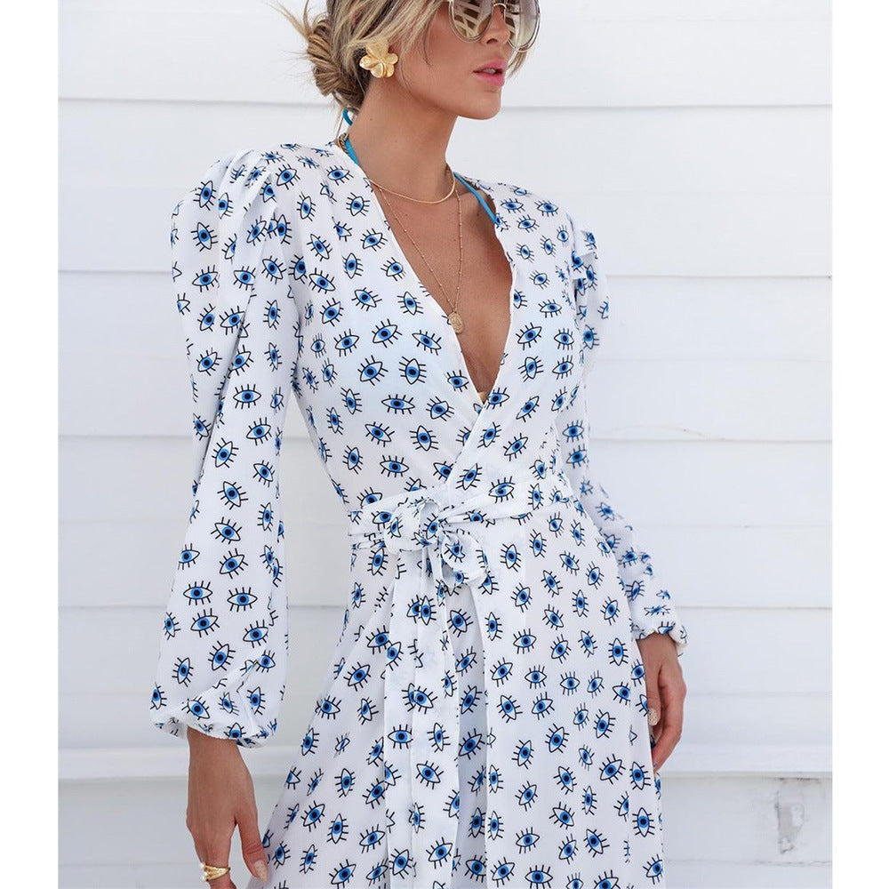 2025 new blouse spinning skirt devil blue eyes long version swimsuit yarn long sleeves Popular trade